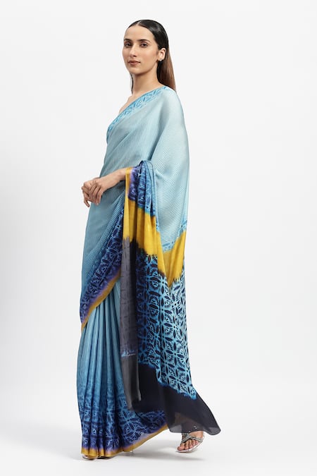Satya Paul_Blue Silk Satin Baby Genius Printed Saree With Running Blouse Piece _Online_at_Aza_Fashions