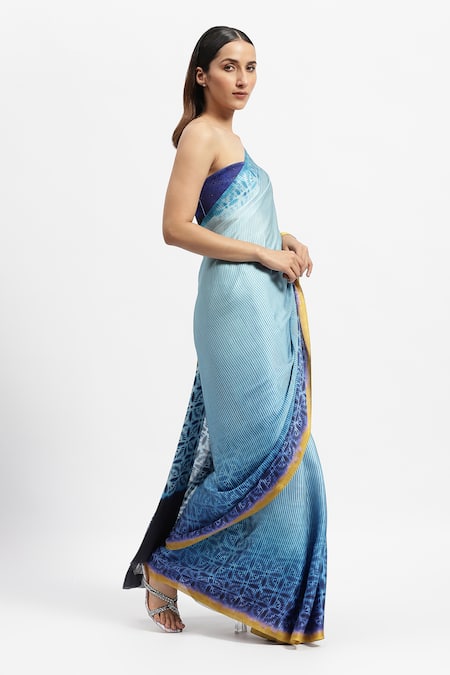 Buy_Satya Paul_Blue Silk Satin Baby Genius Printed Saree With Running Blouse Piece _Online_at_Aza_Fashions
