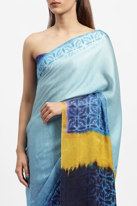 Satya Paul_Blue Silk Satin Baby Genius Printed Saree With Running Blouse Piece _at_Aza_Fashions