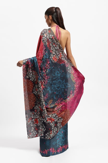 Shop Satya Paul Red Silk Satin Stones Dahlia Dreams Printed Saree With Running Blouse Piece at Aza Fashions Shop_Satya Paul_Red Silk Satin Stones Dahlia Dreams Printed Saree With Running Blouse Piece _at_Aza_Fashions