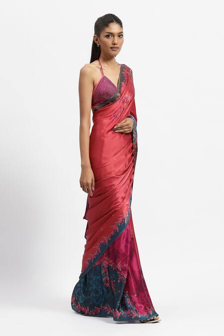 Buy Satya Paul Red Silk Satin Stones Dahlia Dreams Printed Saree With Running Blouse Piece Online at Aza Fashions Buy_Satya Paul_Red Silk Satin Stones Dahlia Dreams Printed Saree With Running Blouse Piece _Online_at_Aza_Fashions
