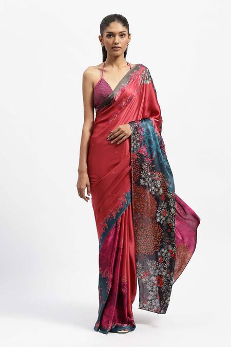 Shop Satya Paul Red Silk Satin Stones Dahlia Dreams Printed Saree With Running Blouse Piece Online at Aza Fashions Shop_Satya Paul_Red Silk Satin Stones Dahlia Dreams Printed Saree With Running Blouse Piece _Online_at_Aza_Fashions
