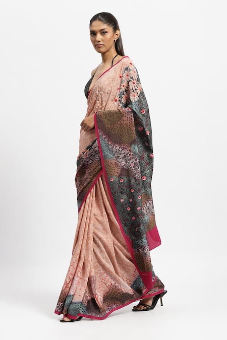 Satya Paul_Multi Color Silk, Crepe Messenger Floral Print Saree With Running Blouse Piece _Online_at_Aza_Fashions