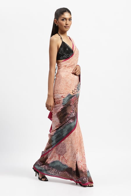 Buy_Satya Paul_Multi Color Silk, Crepe Messenger Floral Print Saree With Running Blouse Piece _Online_at_Aza_Fashions