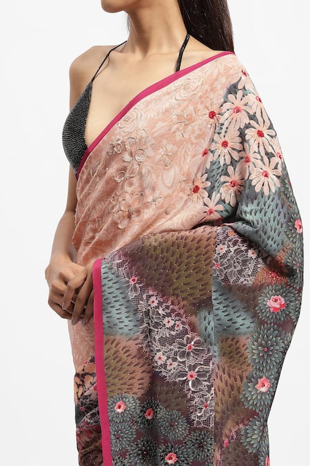 Shop_Satya Paul_Multi Color Silk, Crepe Messenger Floral Print Saree With Running Blouse Piece _Online_at_Aza_Fashions