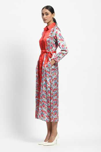 Satya Paul_Multi Color Satin Shawl Neck Lodhi In May Printed Dress_Online_at_Aza_Fashions