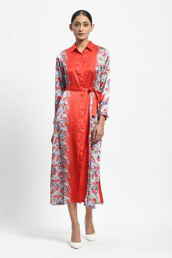 Shop_Satya Paul_Multi Color Satin Shawl Neck Lodhi In May Printed Dress_Online_at_Aza_Fashions
