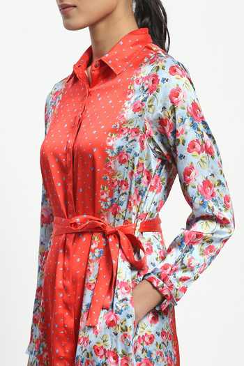 Satya Paul_Multi Color Satin Shawl Neck Lodhi In May Printed Dress_at_Aza_Fashions
