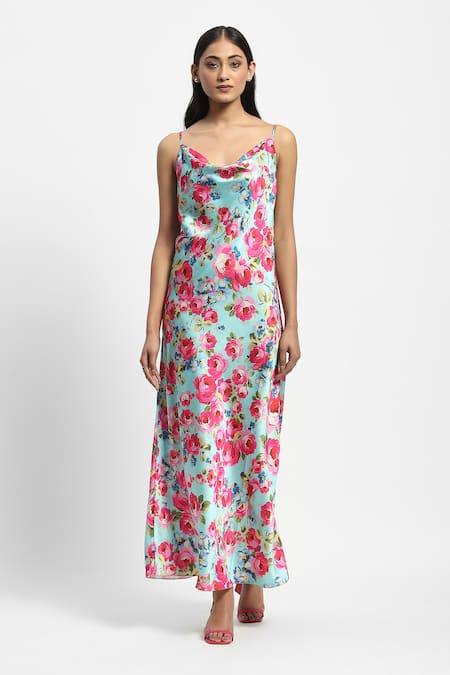 Satya Paul Green Satin Cowl Neck Cauvery Crush Floral Print Dress Online at Aza Fashions Satya Paul_Green Satin Cowl Neck Cauvery Crush Floral Print Dress _Online_at_Aza_Fashions