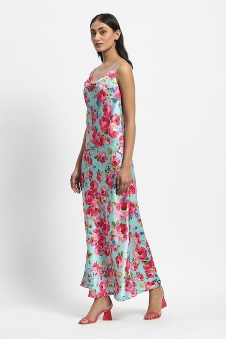 Buy Satya Paul Green Satin Cowl Neck Cauvery Crush Floral Print Dress Online at Aza Fashions Buy_Satya Paul_Green Satin Cowl Neck Cauvery Crush Floral Print Dress _Online_at_Aza_Fashions