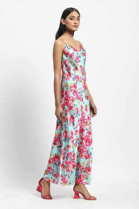 Shop Satya Paul Green Satin Cowl Neck Cauvery Crush Floral Print Dress Online at Aza Fashions Shop_Satya Paul_Green Satin Cowl Neck Cauvery Crush Floral Print Dress _Online_at_Aza_Fashions