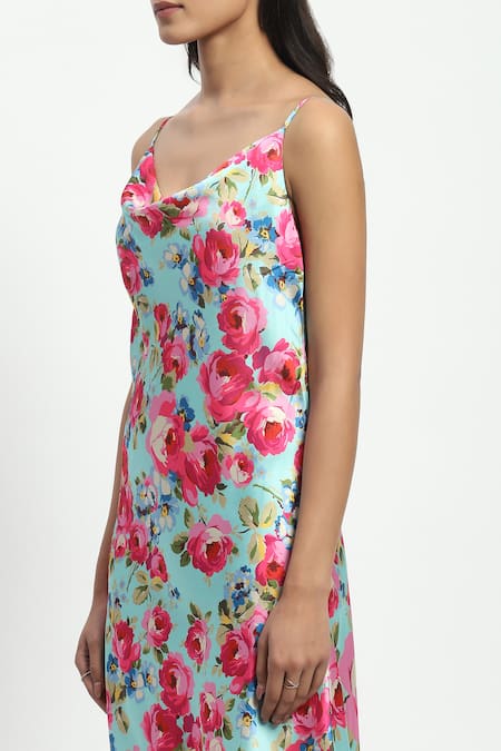 Satya Paul Green Satin Cowl Neck Cauvery Crush Floral Print Dress at Aza Fashions Satya Paul_Green Satin Cowl Neck Cauvery Crush Floral Print Dress _at_Aza_Fashions