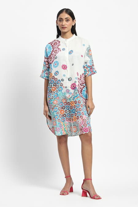 Satya Paul White Linen Printed Geometric Mosaic Mandarin Collar Pinwheels And Peonies Tunic 