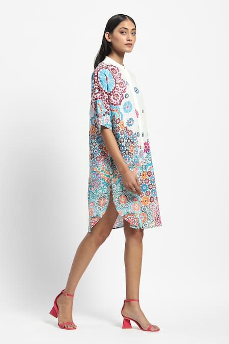 Buy_Satya Paul_White Linen Mandarin Collar Pinwheels And Peonies Tunic _Online_at_Aza_Fashions