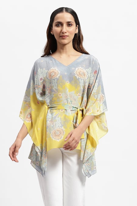 Satya Paul_Grey Silk, Crepe Embroidery V-neck Sunspot Floral Print Kaftan _Online_at_Aza_Fashions