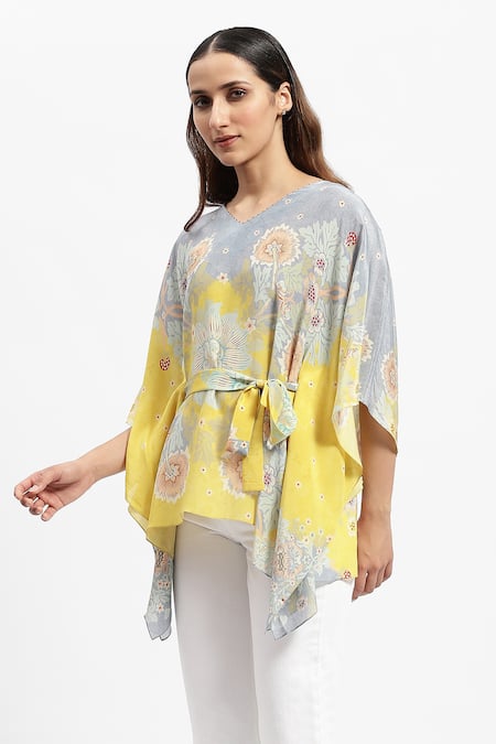 Buy_Satya Paul_Grey Silk, Crepe Embroidery V-neck Sunspot Floral Print Kaftan _Online_at_Aza_Fashions