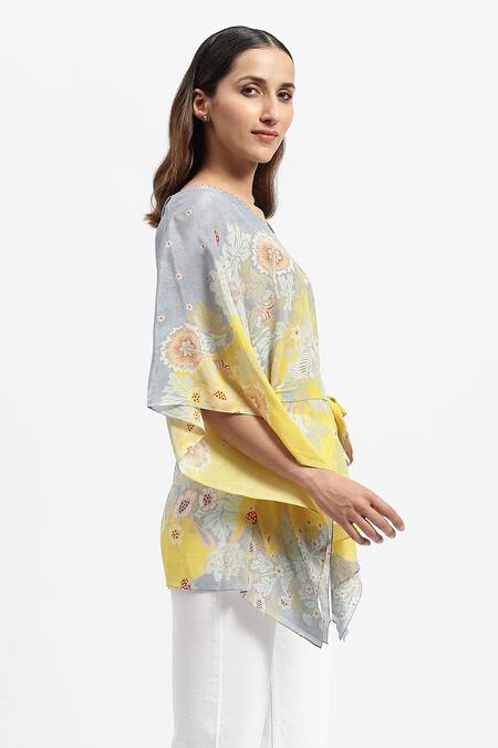 Shop_Satya Paul_Grey Silk, Crepe Embroidery V-neck Sunspot Floral Print Kaftan _Online_at_Aza_Fashions