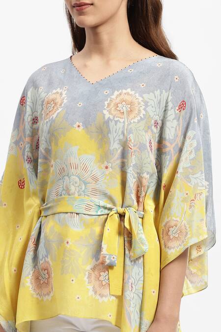 Satya Paul_Grey Silk, Crepe Embroidery V-neck Sunspot Floral Print Kaftan _at_Aza_Fashions