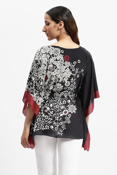 Shop Satya Paul Black Silk, Crepe Embroidery V-neck Blooming Night Print Kaftan at Aza Fashions Shop_Satya Paul_Black Silk, Crepe Embroidery V-neck Blooming Night Print Kaftan _at_Aza_Fashions