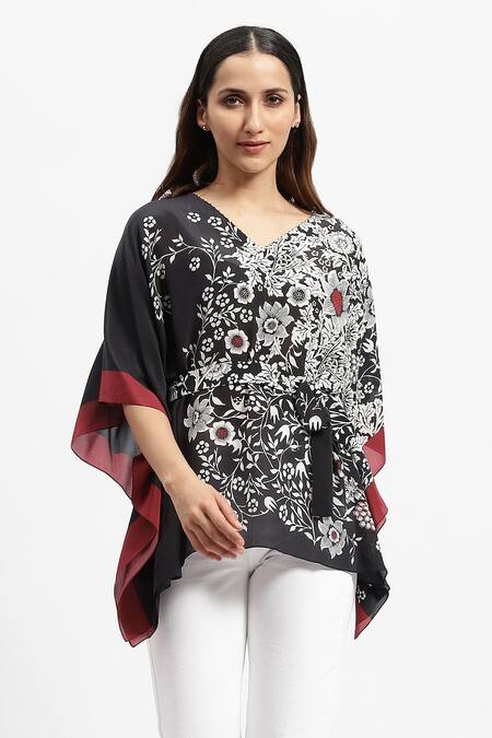 Satya Paul Black Silk, Crepe Embroidery V-neck Blooming Night Print Kaftan Online at Aza Fashions Satya Paul_Black Silk, Crepe Embroidery V-neck Blooming Night Print Kaftan _Online_at_Aza_Fashions