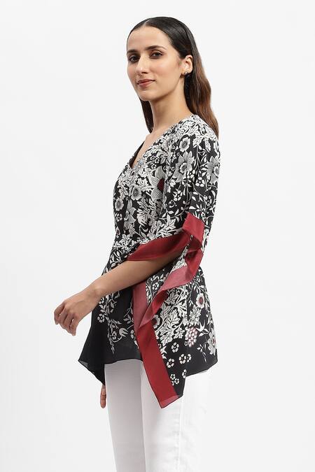 Buy Satya Paul Black Silk, Crepe Embroidery V-neck Blooming Night Print Kaftan Online at Aza Fashions Buy_Satya Paul_Black Silk, Crepe Embroidery V-neck Blooming Night Print Kaftan _Online_at_Aza_Fashions