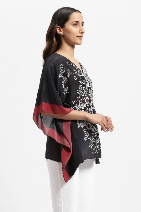 Shop Satya Paul Black Silk, Crepe Embroidery V-neck Blooming Night Print Kaftan Online at Aza Fashions Shop_Satya Paul_Black Silk, Crepe Embroidery V-neck Blooming Night Print Kaftan _Online_at_Aza_Fashions