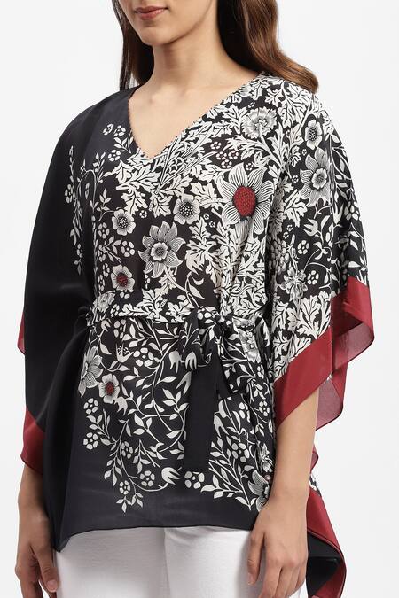 Satya Paul Black Silk, Crepe Embroidery V-neck Blooming Night Print Kaftan at Aza Fashions Satya Paul_Black Silk, Crepe Embroidery V-neck Blooming Night Print Kaftan _at_Aza_Fashions
