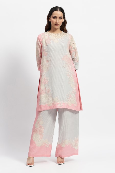 Satya Paul_Pink Linen Embroidery Round Paradise Lace Embellished Kurta And Flared Pant Set _Online_at_Aza_Fashions
