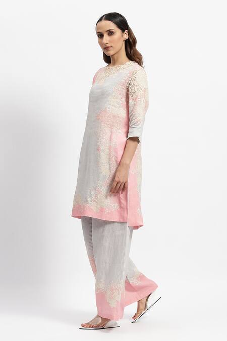 Buy_Satya Paul_Pink Linen Embroidery Round Paradise Lace Embellished Kurta And Flared Pant Set _Online_at_Aza_Fashions