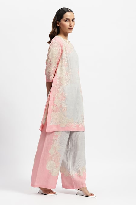 Shop_Satya Paul_Pink Linen Embroidery Round Paradise Lace Embellished Kurta And Flared Pant Set _Online_at_Aza_Fashions