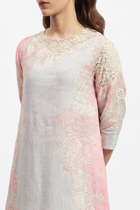 Satya Paul_Pink Linen Embroidery Round Paradise Lace Embellished Kurta And Flared Pant Set _at_Aza_Fashions