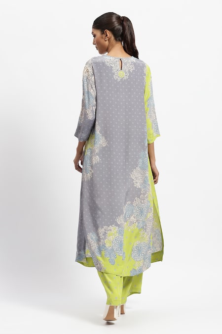 Shop Satya Paul Grey Silk, Crepe Lace, Embroidery Grace Embellished Kurta And Flared Pant Set at Aza Fashions Shop_Satya Paul_Grey Silk, Crepe Lace, Embroidery Grace Embellished Kurta And Flared Pant Set _at_Aza_Fashions