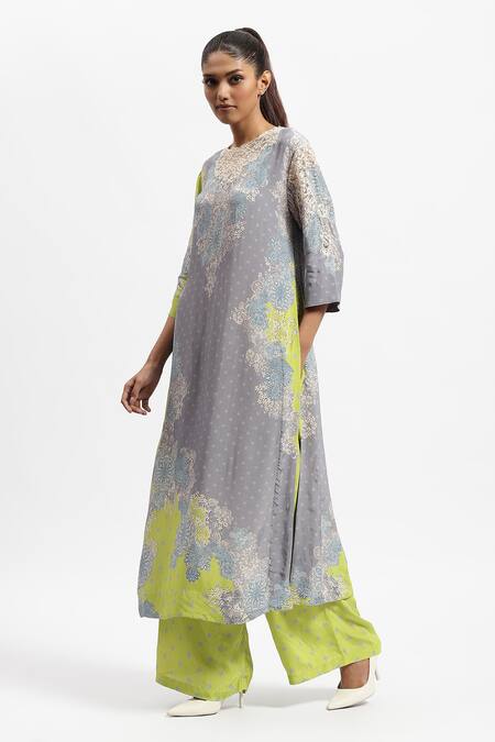 Satya Paul Grey Silk, Crepe Lace, Embroidery Grace Embellished Kurta And Flared Pant Set Online at Aza Fashions Satya Paul_Grey Silk, Crepe Lace, Embroidery Grace Embellished Kurta And Flared Pant Set _Online_at_Aza_Fashions