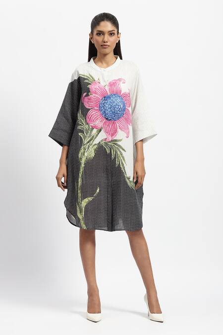 Shop_Satya Paul_White Linen Mandarin Collar Bigger Is Better Stripe Pattern Tunic _Online_at_Aza_Fashions