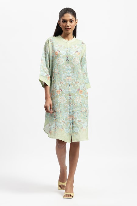 Satya Paul Green Linen Printed Floral Mandarin Collar Summer In Shimla Tunic 