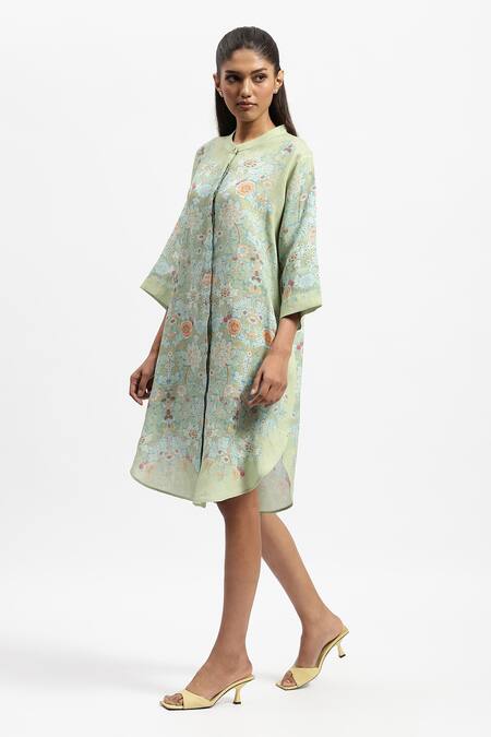 Satya Paul_Green Linen Embroidery Mandarin Collar Summer In Shimla Printed Tunic _Online_at_Aza_Fashions