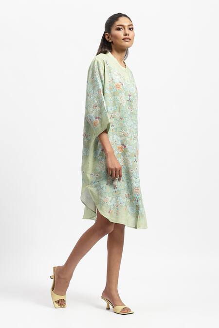 Buy_Satya Paul_Green Linen Embroidery Mandarin Collar Summer In Shimla Printed Tunic _Online_at_Aza_Fashions