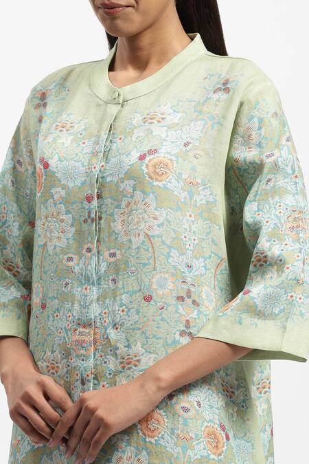 Shop_Satya Paul_Green Linen Embroidery Mandarin Collar Summer In Shimla Printed Tunic _Online_at_Aza_Fashions
