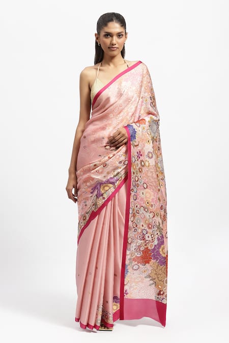 Satya Paul Pink Silk Satin Printed Garden Best Buds Saree With Running Blouse 