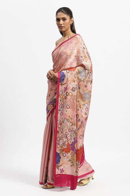 Satya Paul_Pink Silk Satin Best Buds Garden Print Saree With Running Blouse _Online_at_Aza_Fashions
