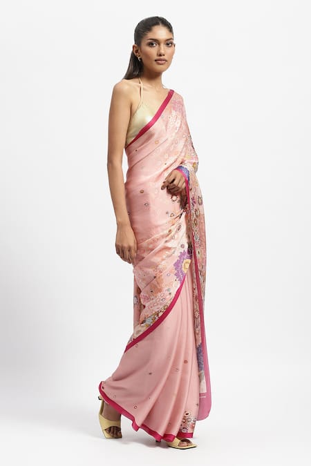 Buy_Satya Paul_Pink Silk Satin Best Buds Garden Print Saree With Running Blouse _Online_at_Aza_Fashions