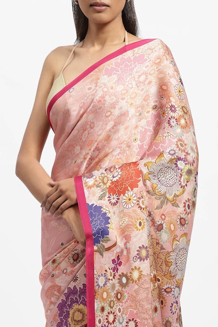 Shop_Satya Paul_Pink Silk Satin Best Buds Garden Print Saree With Running Blouse _Online_at_Aza_Fashions