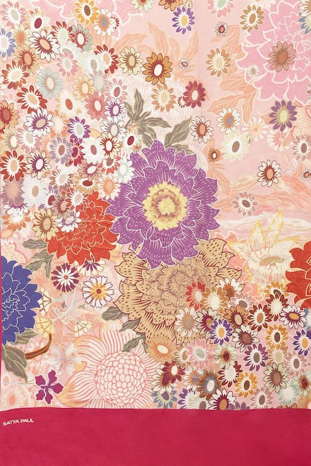 Satya Paul_Pink Silk Satin Best Buds Garden Print Saree With Running Blouse _at_Aza_Fashions