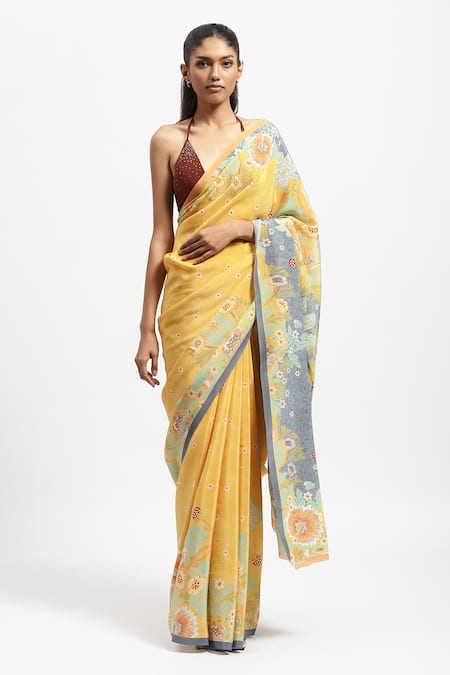 Satya Paul Lemon Love Printed Saree With Running Blouse 