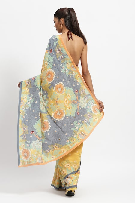 Shop Satya Paul Yellow Silk, Crepe Lemon Love Printed Saree With Running Blouse at Aza Fashions Shop_Satya Paul_Yellow Silk, Crepe Lemon Love Printed Saree With Running Blouse _at_Aza_Fashions