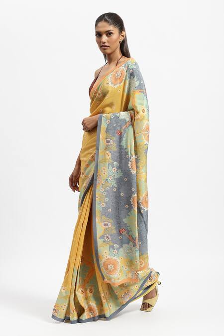 Satya Paul Yellow Silk, Crepe Lemon Love Printed Saree With Running Blouse Online at Aza Fashions Satya Paul_Yellow Silk, Crepe Lemon Love Printed Saree With Running Blouse _Online_at_Aza_Fashions