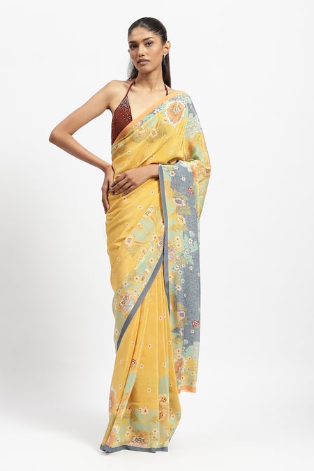 Shop Satya Paul Yellow Silk, Crepe Lemon Love Printed Saree With Running Blouse Online at Aza Fashions Shop_Satya Paul_Yellow Silk, Crepe Lemon Love Printed Saree With Running Blouse _Online_at_Aza_Fashions