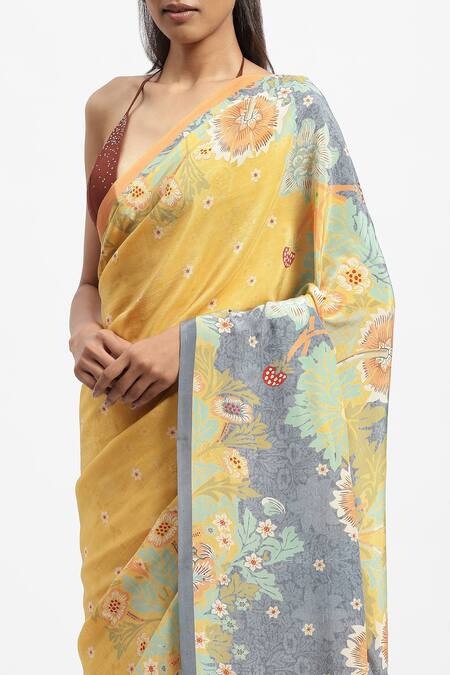 Satya Paul Yellow Silk, Crepe Lemon Love Printed Saree With Running Blouse at Aza Fashions Satya Paul_Yellow Silk, Crepe Lemon Love Printed Saree With Running Blouse _at_Aza_Fashions