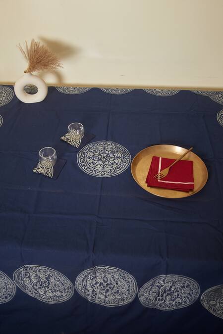 Shop Inheritance India Blue 100% Cotton Block Print Table Cloth at Aza Fashions Shop_Inheritance India_Blue 100% Cotton Block Print Table Cloth_at_Aza_Fashions