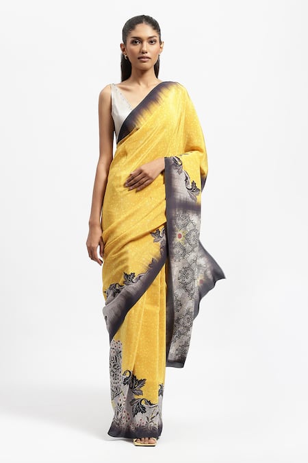 Satya Paul Floral Border Print Saree With Running Blouse 